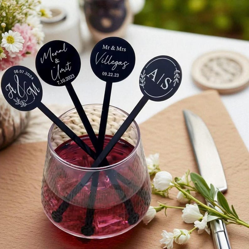 Personalized Wedding Drink Stirrers: Custom Initial Cocktail Swizzle